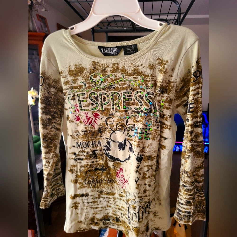 Women's Graphic 3/4 Sleeve Embelished Top - Sage/mint Green & Olive Green+.